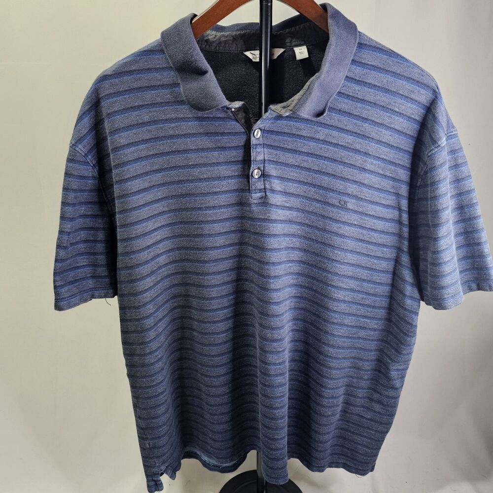 Calvin Klein Polo Shirt Mens 2XL Navy Blue Gray Striped 100% Cotton Casual